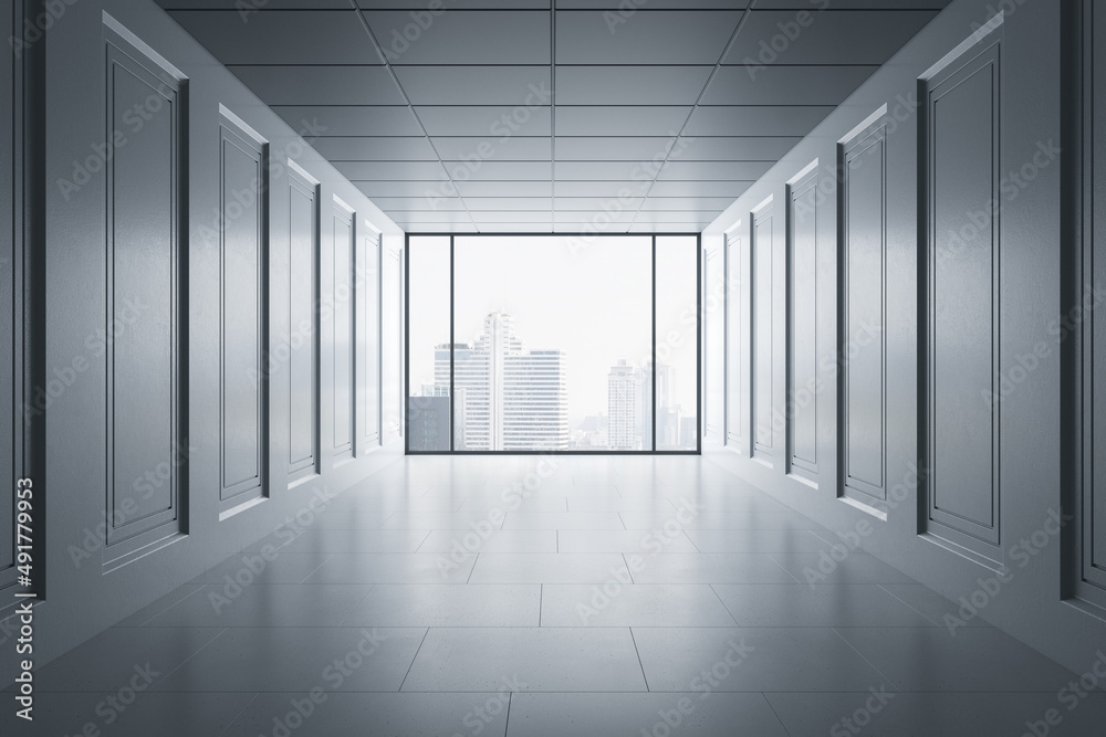 Modern bright corridor with window, bright city view and concrete floor. 3D Rendering.