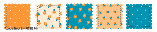 set of vintage openwork patchwork with different prints. Illustration on the theme of cutting and sewing. Vector illustration