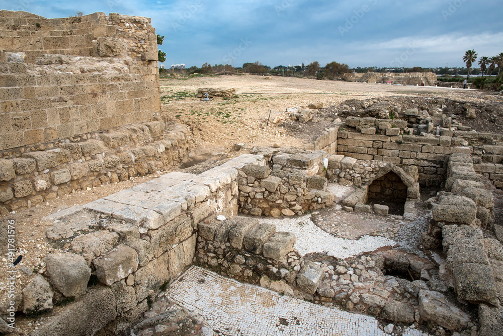 Ancient ruins at Caesarea on the coast of the Mediterranean in Israel