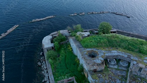 Aerial view of Fort Totleben Pervomaisky in the waters of the Gulf of Finland, wild island.A large artillery fort with concrete casemates and shell cellars. Kronstadt Fortress photo