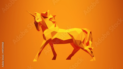 Orange Unicorn Vibrant Fantasy Magical Creature Horse Paper Triangles Low Poly Statue Animal 3d illustration render