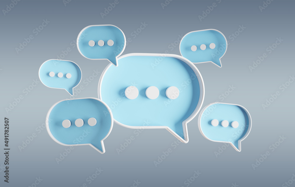 Minimalist blue and white speech bubbles talk icons floating over grey background. Modern conversation or social media messages with shadow. 3D rendering Minimalist blue and white speech bubbles talk icons floating over grey background. Modern conversation or social media messages with shadow. 3D rendering