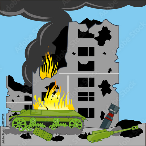 Destroyed war building and damaged tank war in city
