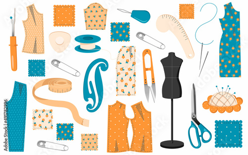 set of illustrations on the theme of cutting and sewing. Illustrations of tools and patterns for tailors isolated on white background