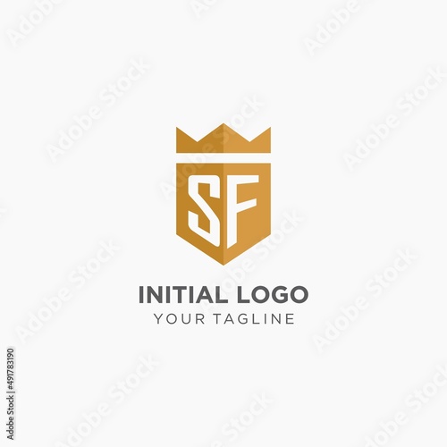Monogram SF logo with geometric shield and crown, luxury elegant initial logo design