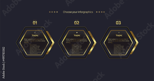 Three Premium Vector golden buttons with glowing light banner on black background, Three Luxury Options chart design with golden stoke design, vector, illustration Templates
