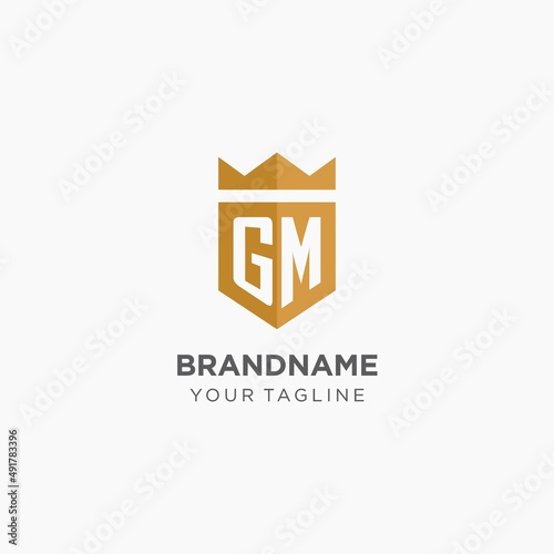 Monogram GM logo with geometric shield and crown, luxury elegant initial logo design