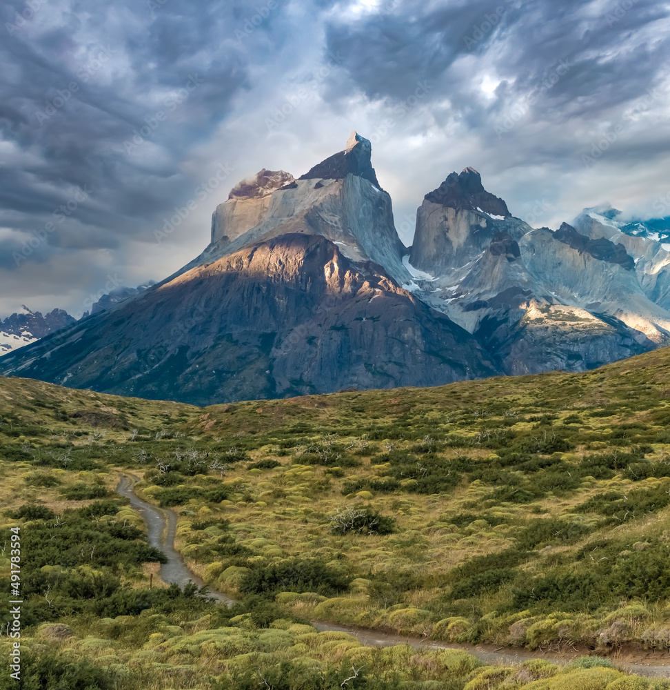 Breathtaking views of the distinctive granitze spiky peaks in the Torres del Paine National Park, southern Patagonia, Magallanes, Chile