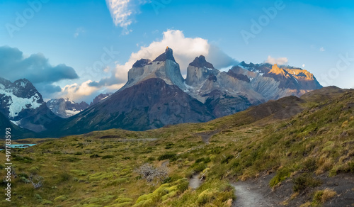 Breathtaking views of the distinctive granitze spiky peaks in the Torres del Paine National Park, southern Patagonia, Magallanes, Chile