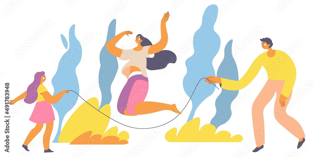 Family playing, jumping rope exercises vector Family playing, jumping rope exercises vector
