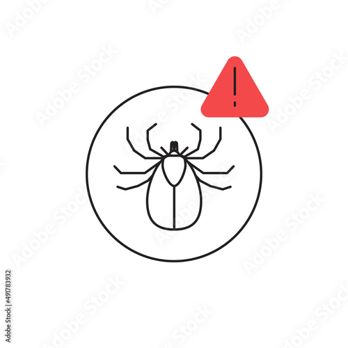 Mite parasites. Tick silhouette. Anti bug vector icon. Tick parasite warning sign. Epidemic. Human or domestic animal mite parasite danger symbol for spray or lotion packaging, poster or vet banner.