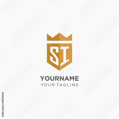 Monogram SI logo with geometric shield and crown, luxury elegant initial logo design