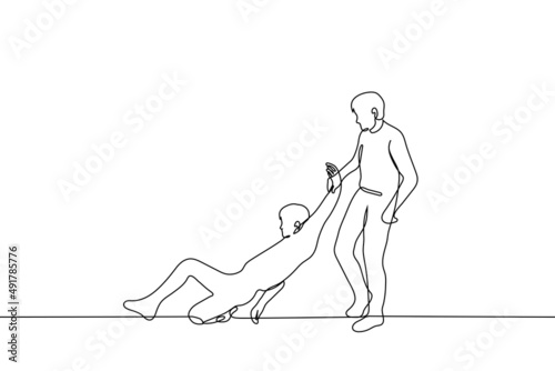 man drags on ground by the hand of another man - one line drawing vector. concept of the use of violence, hostage, the use of physical force