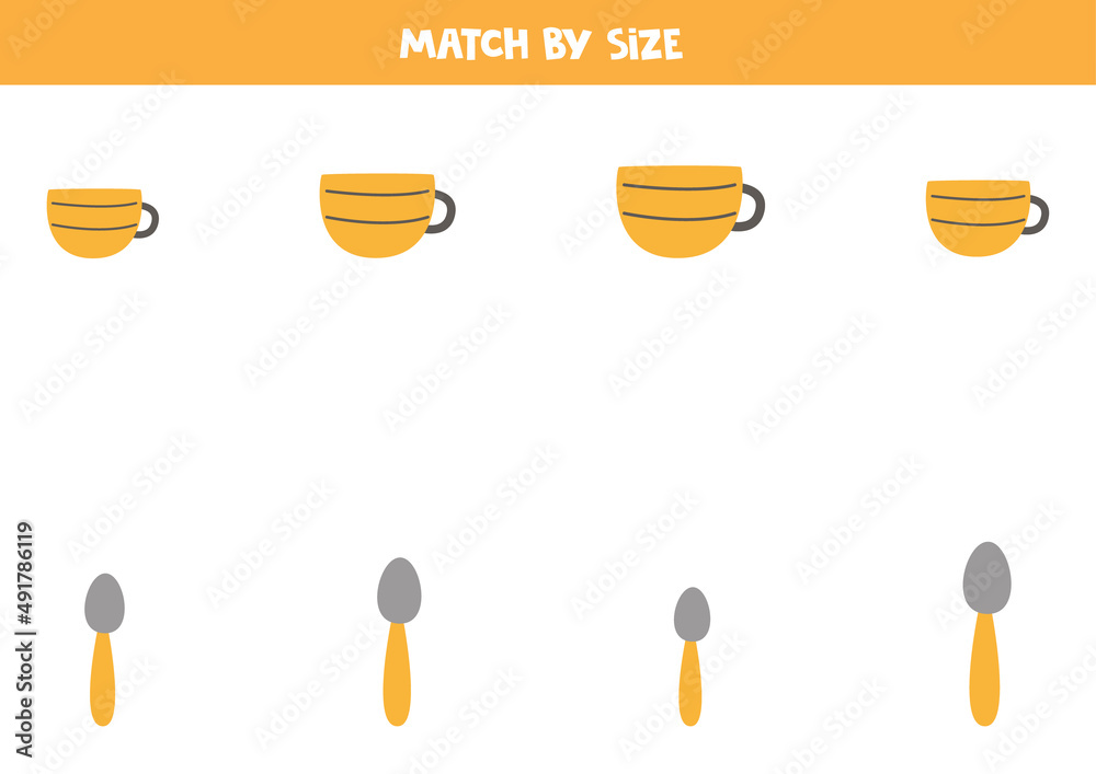 Matching game for preschool kids. Match cups and spoons by size.