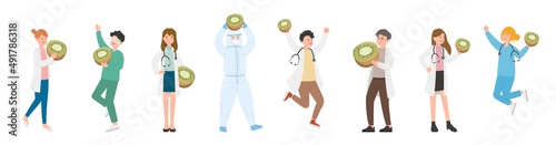 Nursing male or female doctor or scientist combination, medical specialist with kiwi fruit and vitamin c, doctor team concept