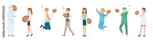 Nursing male or female doctor or scientist combination, medical specialist with walnut or pecan and nuts, doctor team concept