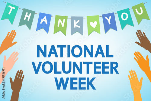 National Volunteer Week greeting concept. Colorful garland and hands, text "thank you", vector. 