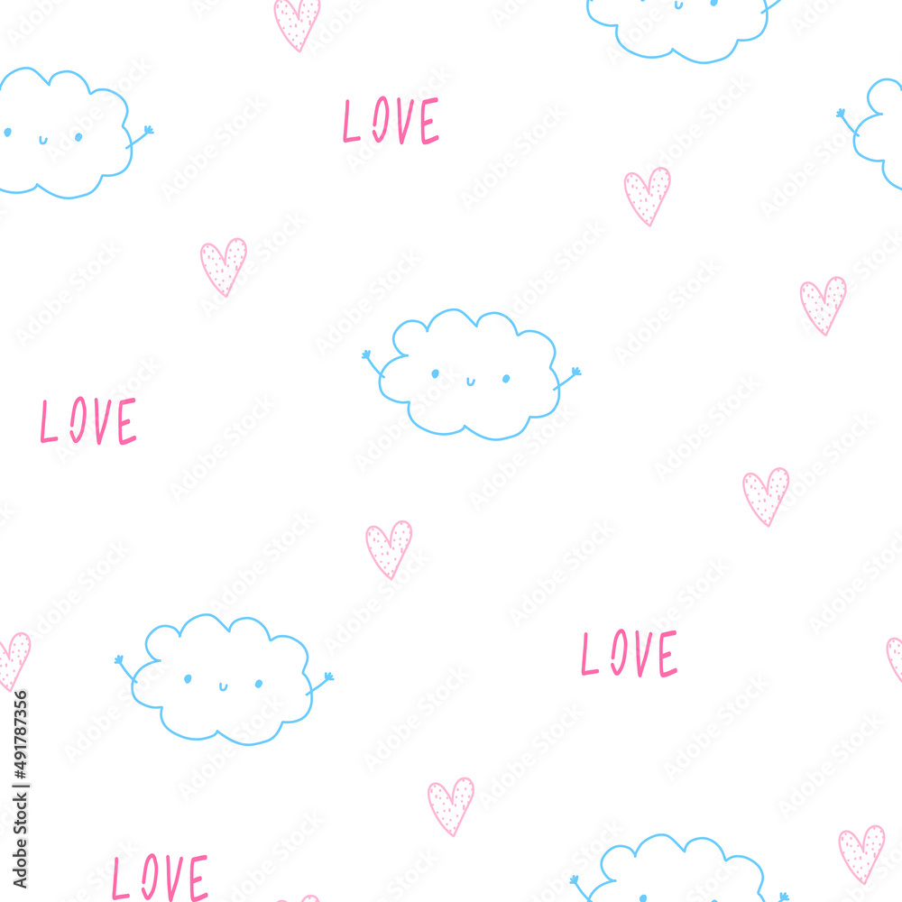 Little cute in love pastel colors clouds with hearts. Happy Valentine's Day. Pattern and scrapbooking paper.