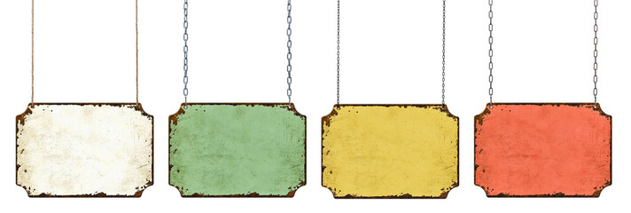 Four empty vintage tin signs hanging on a white background