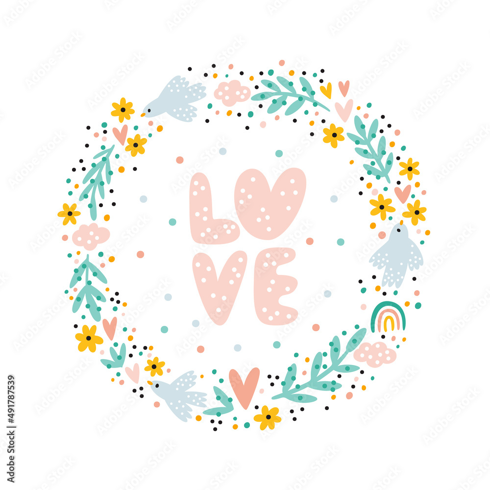 Wreath with white peace doves, flowers, leaves and hearts. Round frame with floral ornament and pigeon birds in pastel color isolated on white background. Happy World Peace Day print, card. 