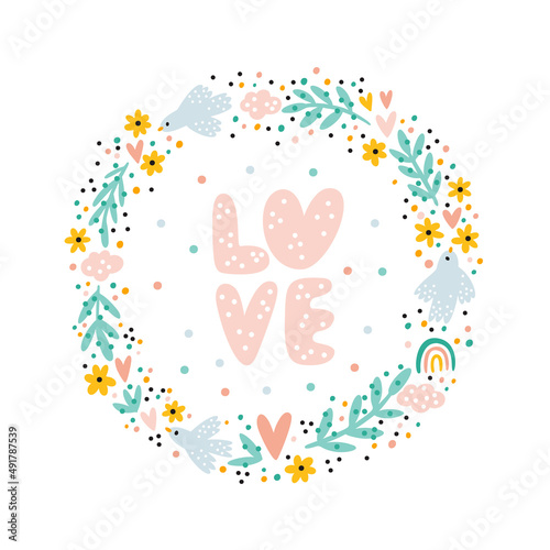 Wreath with white peace doves, flowers, leaves and hearts. Round frame with floral ornament and pigeon birds in pastel color isolated on white background. Happy World Peace Day print, card. 