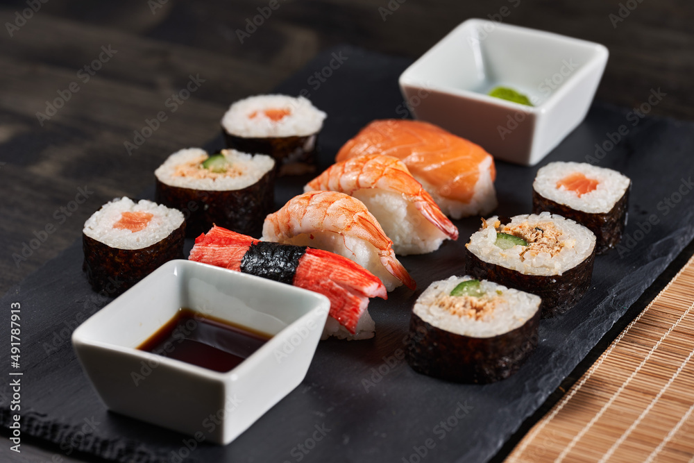 Sushi variety on a black stone Sushi variety on a black stone