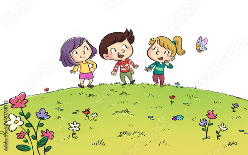 Illustration of children friends walking in the field in spring
