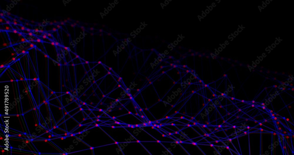 Abstract wave as smart grid background with blurred effect and RGB colors split. Plexus lines and dots in loop for Internet network connection wallpaper and big data transfer. Cyber space tech concept