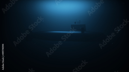 3D Illustration of a submarine patrolling in deep ocean