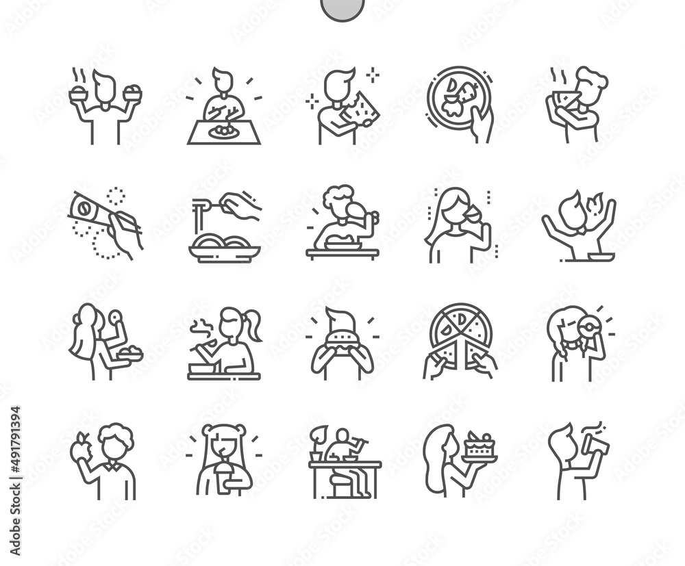 Eat food. People eating. Drink wine. Cafe and restaurant. Pixel Perfect Vector Thin Line Icons. Simple Minimal Pictogram