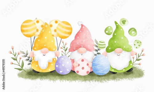 Watercolor Illustration Easter Gnome and Easter Egg 