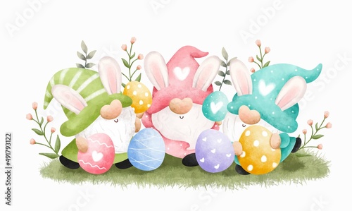 Watercolor Illustration Easter Gnome and Easter Egg 