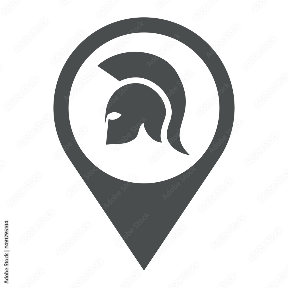 Icono plano silueta de casco de guerrero espartano en puntero de posición en color gris - obrazy, fototapety, plakaty 