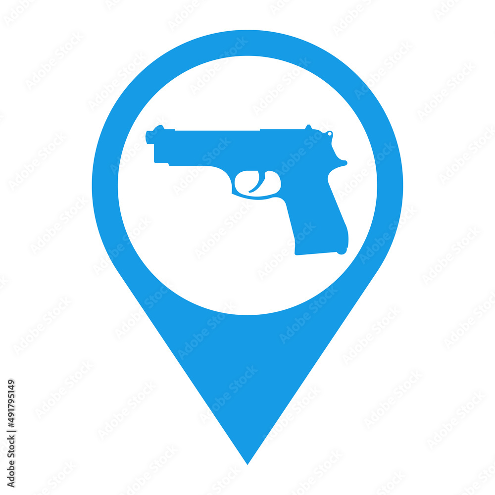 Logotipo campo de tiro. Icono plano con silueta de pistola en puntero de posición en color azul