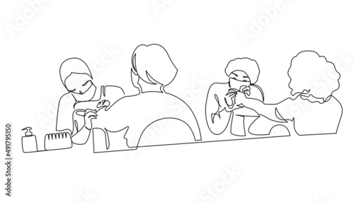 Female master at beauty salon working with client doing manicure minimalist continuous line vector