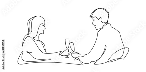 Happy couple romantic date monochrome continuous line vector illustration. Simple hand drawn sketch photo