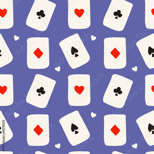 Seamless vector pattern with playing cards on blue background. Design for fabric and paper, surface textures.