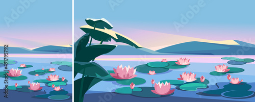 Landscape with lotuses and mountains. Natural scenery in different formats.