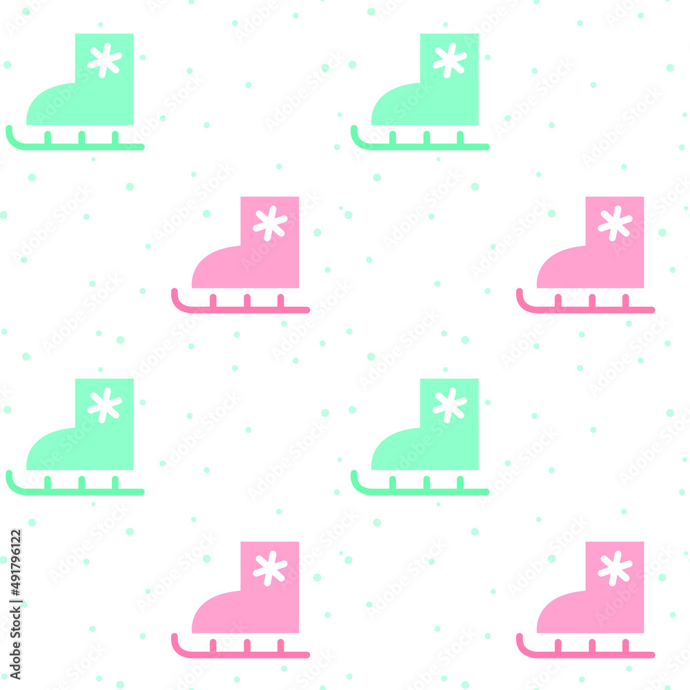 Fototapeta premium Seamless pattern with skates on snowy white background. Modern design for fabric and paper, surface textures.
