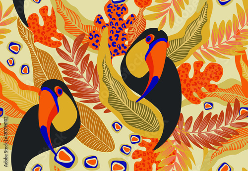 Vector seamless pattern with tropical leaves and exotic toucans. Bright summer cheerful color pattern for any print surfaces. graphic design, wallpaper design, textile design, fun kids design.