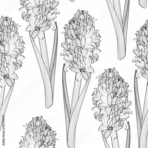 Seamless pattern with line hyacinths spring flowers. Textile composition, hand drawn style print.