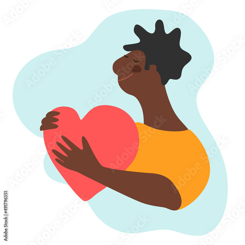 Cartoon style illustration of a young man hugging her chest to support her mental or heart health