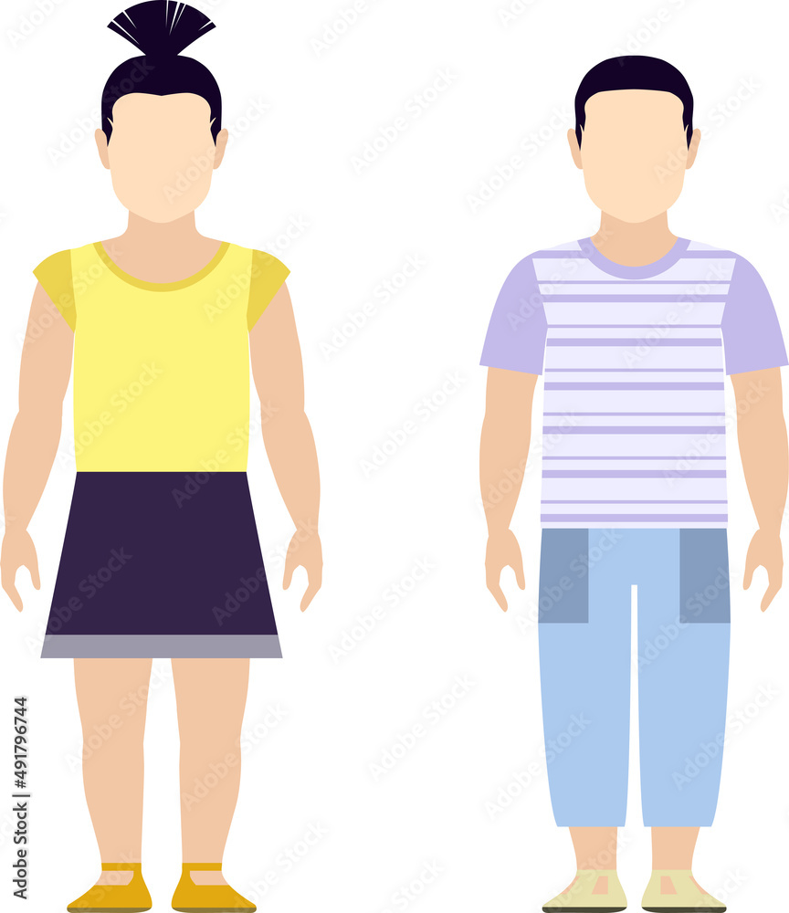 Asian girl and boy in full length on a white background. Asian kids flat vector illustration