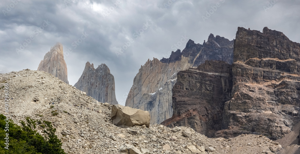 The distinctive granite peaks of the Paine Massif, Torres del Paine National Park, Patagonia, Magallanes, Chile