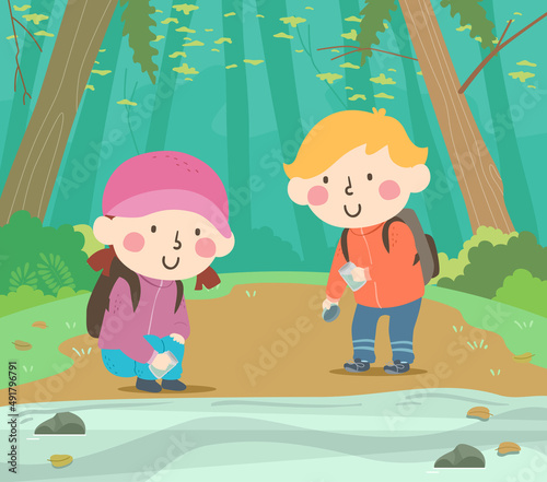 Kids Students Get Water Sample Pond Illustration