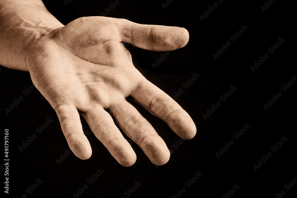 Hands begging for help. Empty hand isolated. Charity symbol gesture background. Man asking for money. Waiting for salvation. God have mercy on us people. Stop the war background.