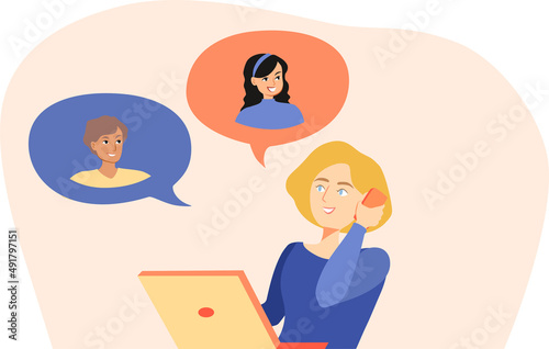 Woman answering a phone call and discussing with colleagues, children or clients 