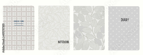 Set of cover page templates with elm tree branches and leaves. Based on seamless patterns. Headers isolated and replaceable. Perfect for school notebooks, diaries