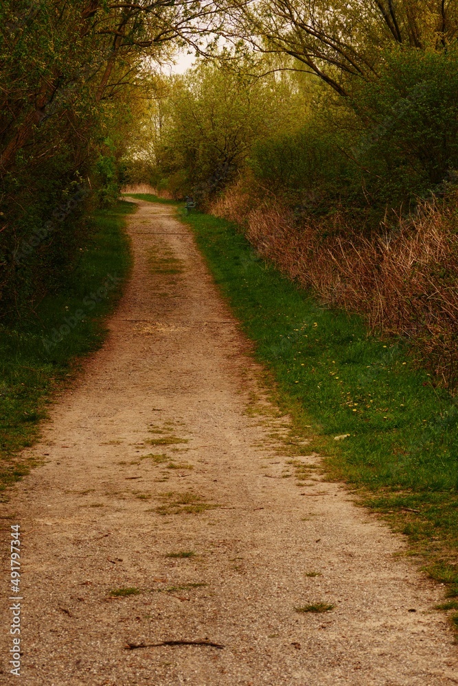 Gravel access road to the ascent to the top of the heap area of the former Deusenberg garbage dump in the north of Dortmund in Germany. Now an excursion area to be hiked.