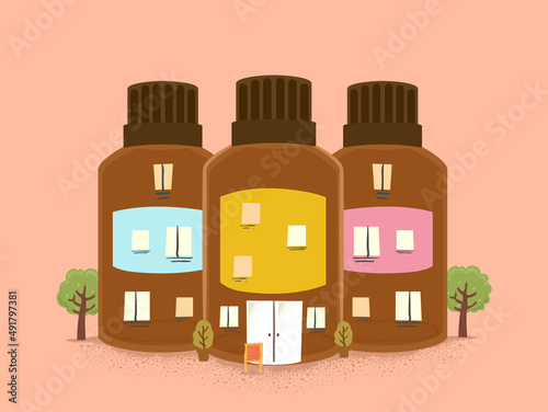 Essential Oil Bottles Buildings Illustration